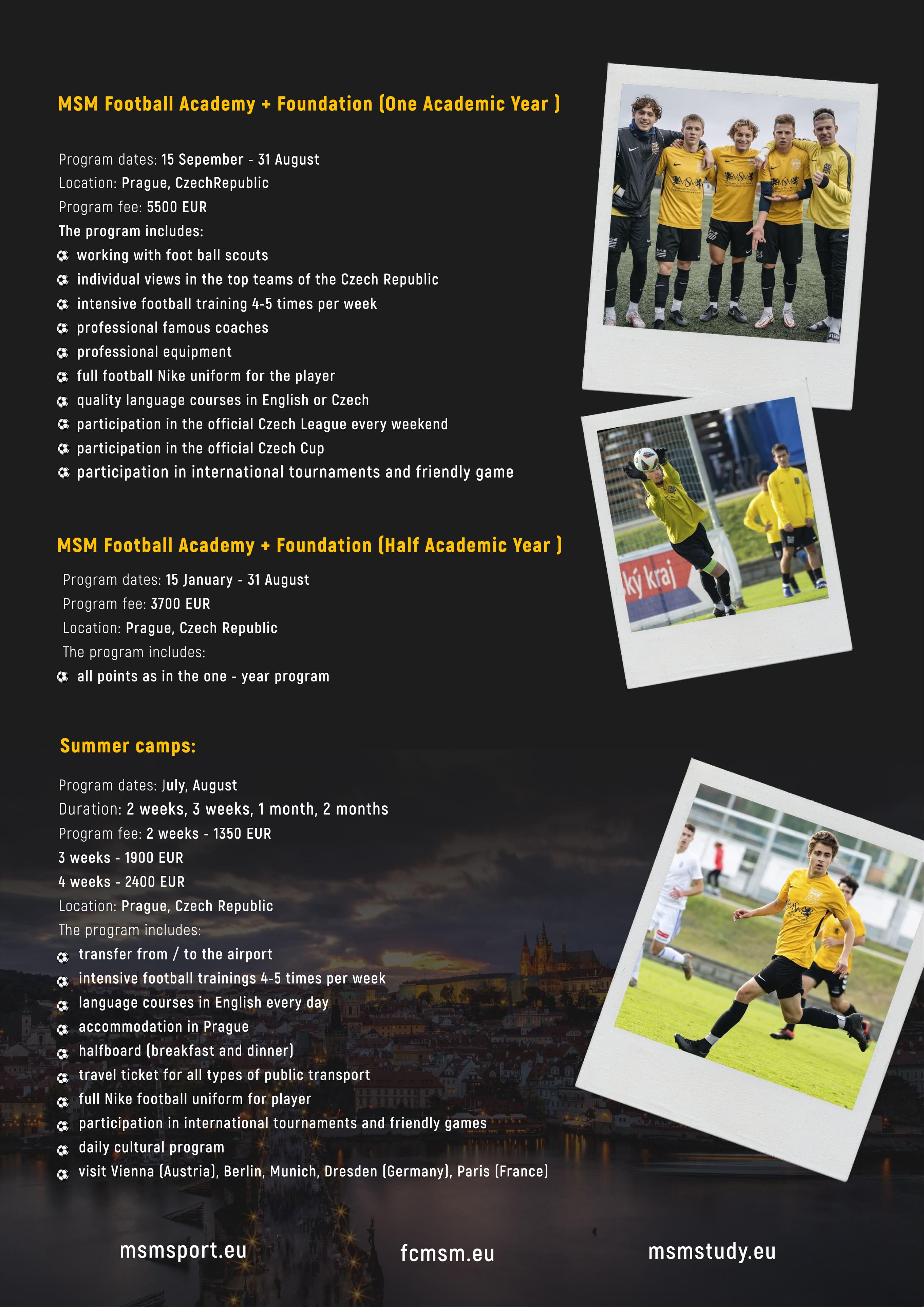 Brochure page with MSM Football Academy fees, one-year and half-year programmes, and summer camps
