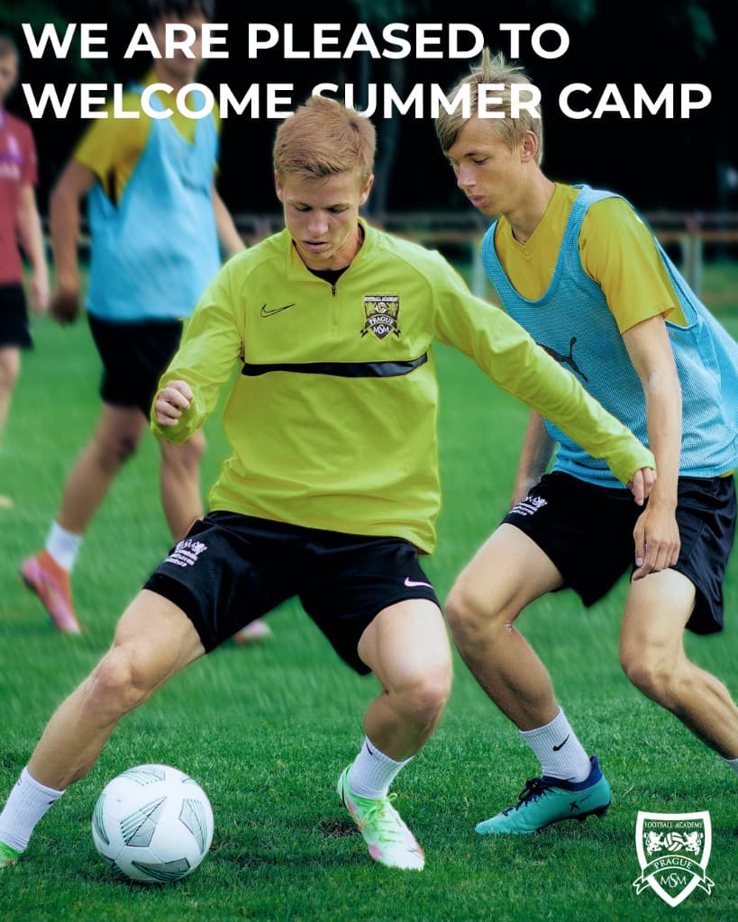 Summer camp poster with two MSM Football Academy players contesting the ball