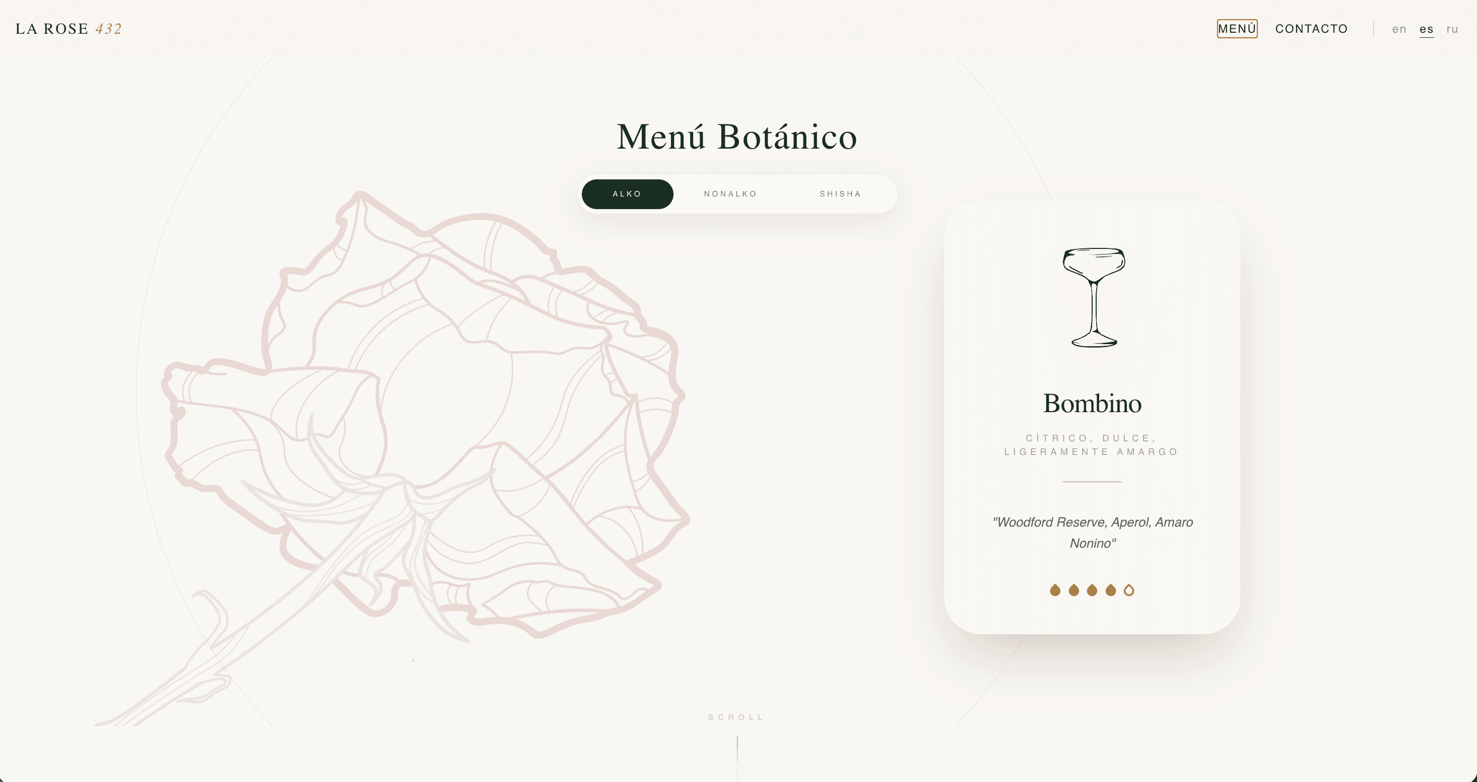 Menú Botánico on larose432.com. A pale rose behind a glass card for Bombino, with ALKO, NONALKO, and SHISHA above it.